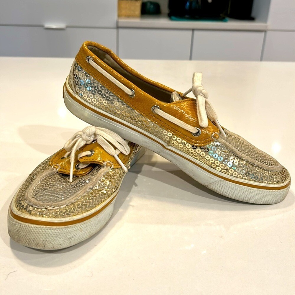 Sperry top sider ladies gold sequined sparkly boat slip on loafer deck shoes 7.5